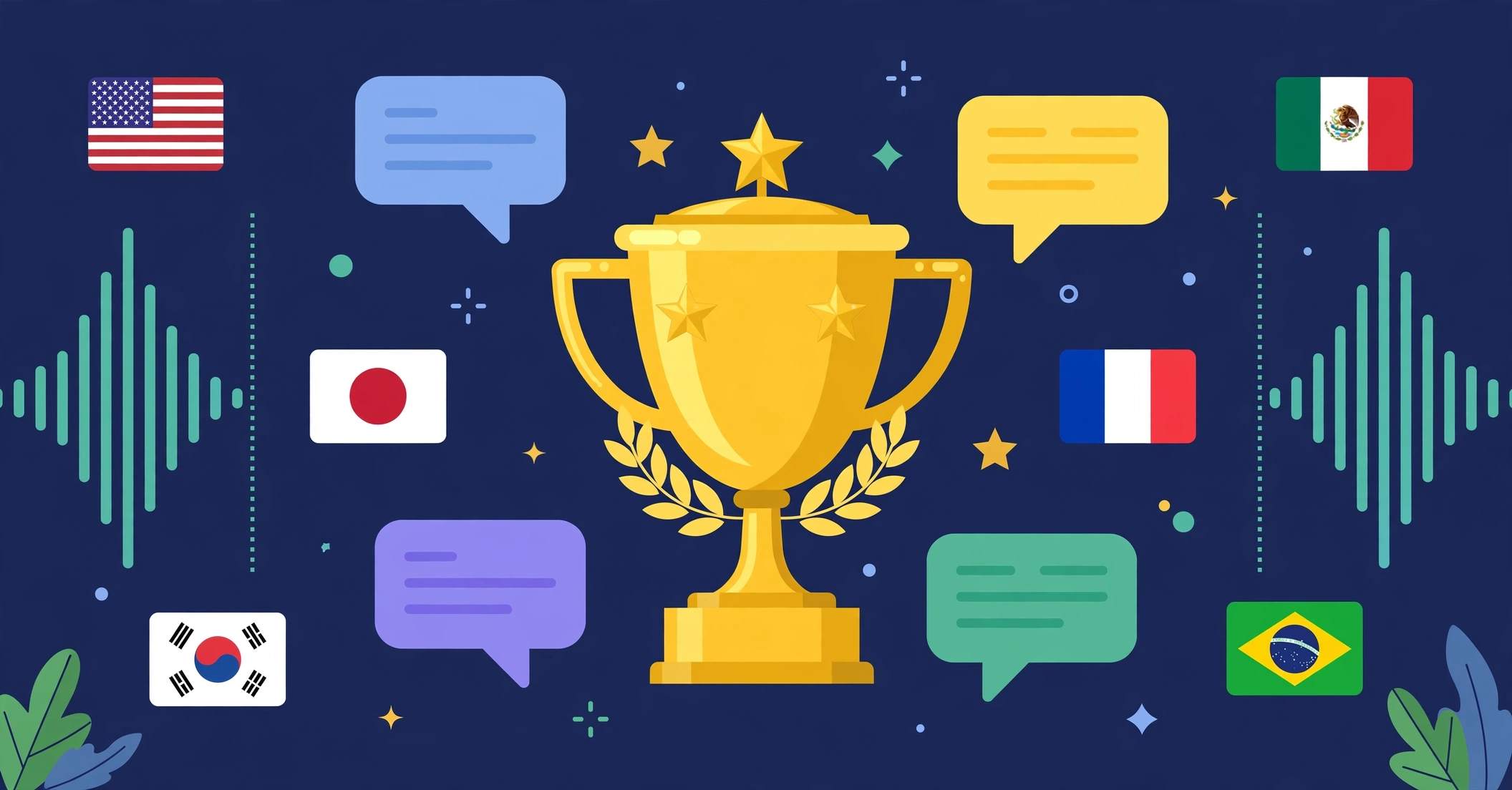 A golden trophy surrounded by multilingual speech bubbles and flags