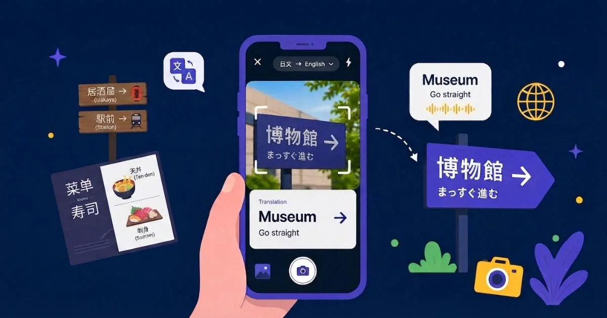 일본어 박물관 안내판과 메뉴를 사진으로 영어로 번역하는 AI Phone 일러스트