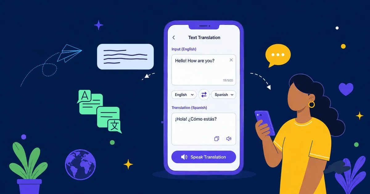 스마트폰에서 영어 텍스트를 스페인어로 번역하는 AI Phone 텍스트 번역 일러스트
