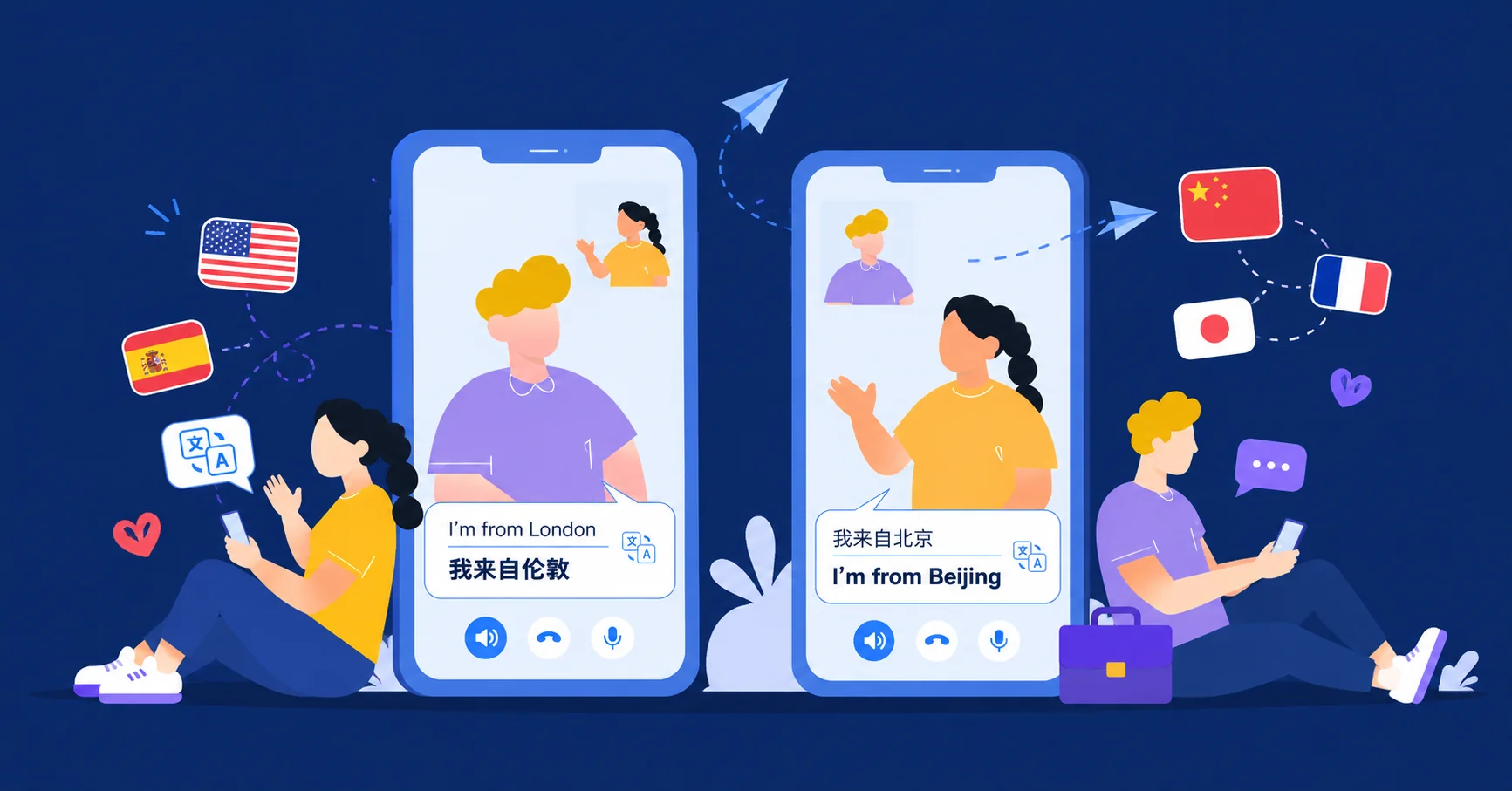 영상 통화에서 영어와 중국어를 실시간 번역하는 AI Phone 일러스트