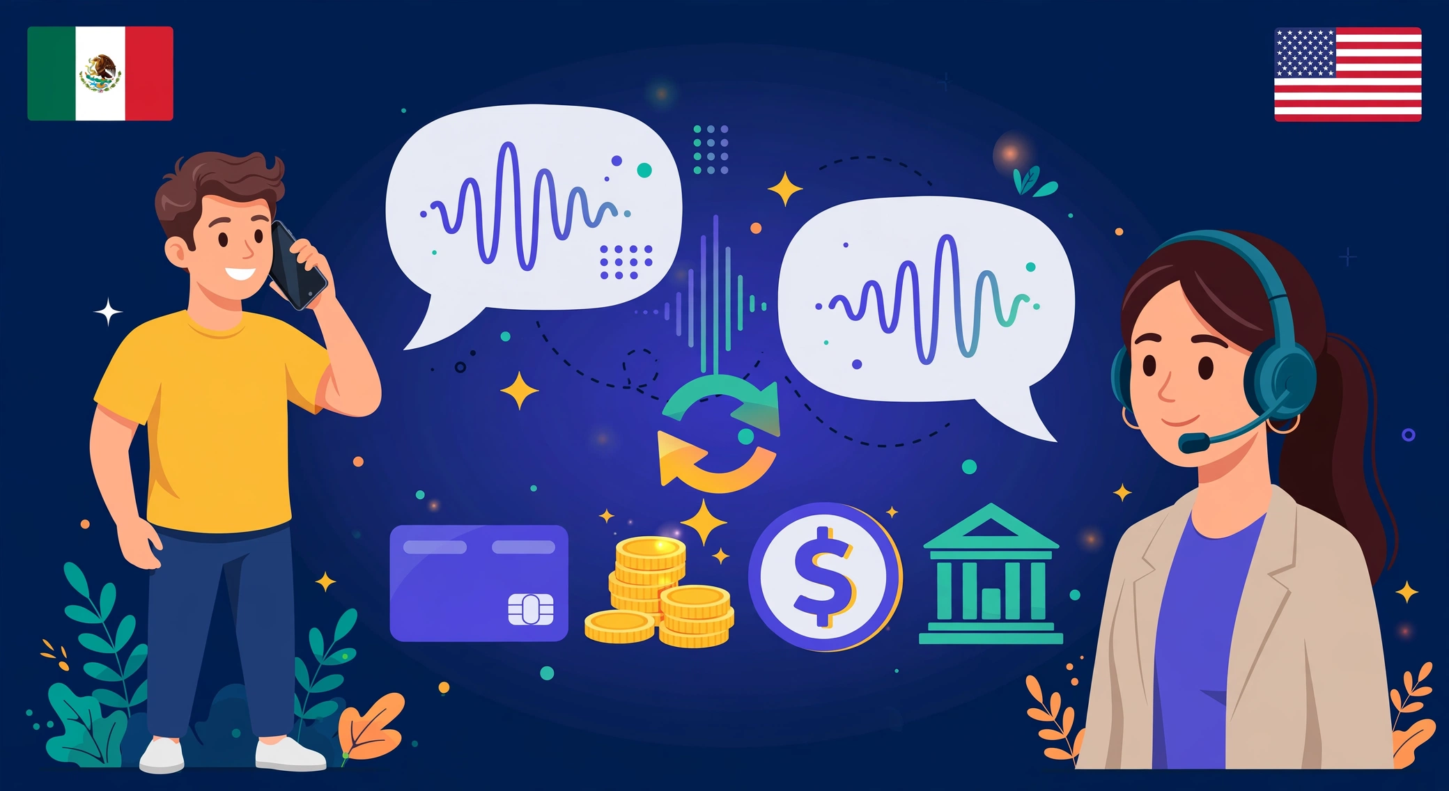 A customer on a smartphone talking with a bank customer service agent wearing a headset, speech bubbles with sound waves, debit card, gold coins, dollar emblem and bank building between them, translation arrows in the center