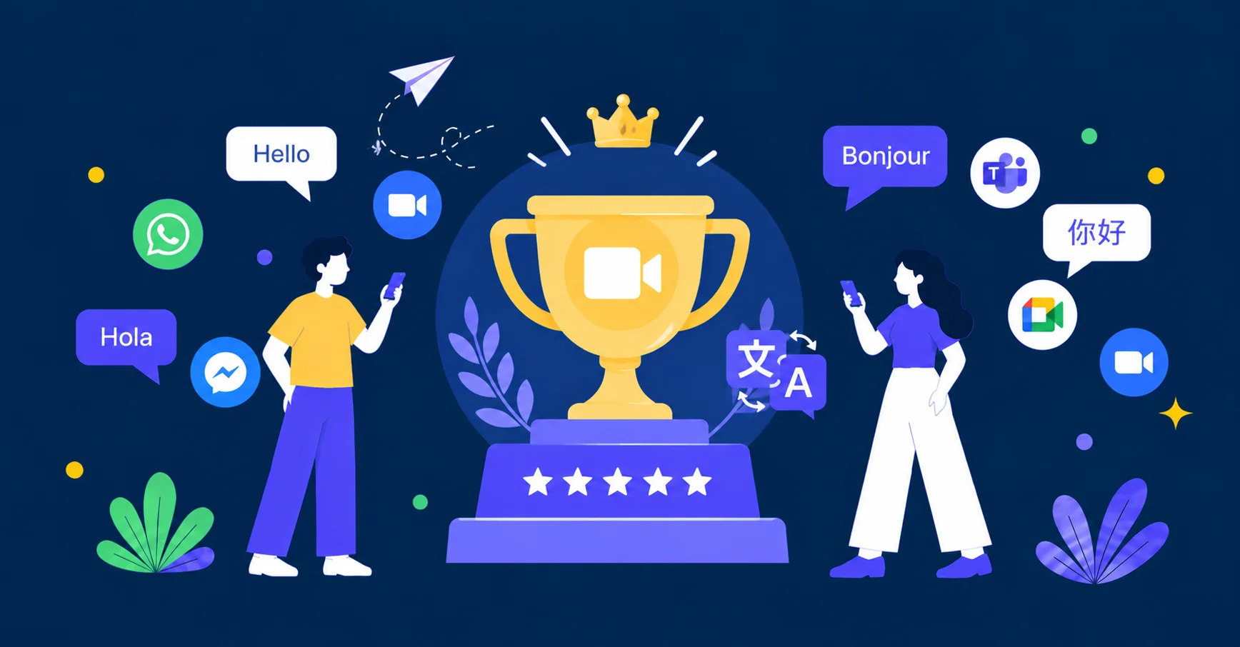 Two people with phones standing beside a golden trophy, surrounded by greeting speech bubbles in different languages and video call icons