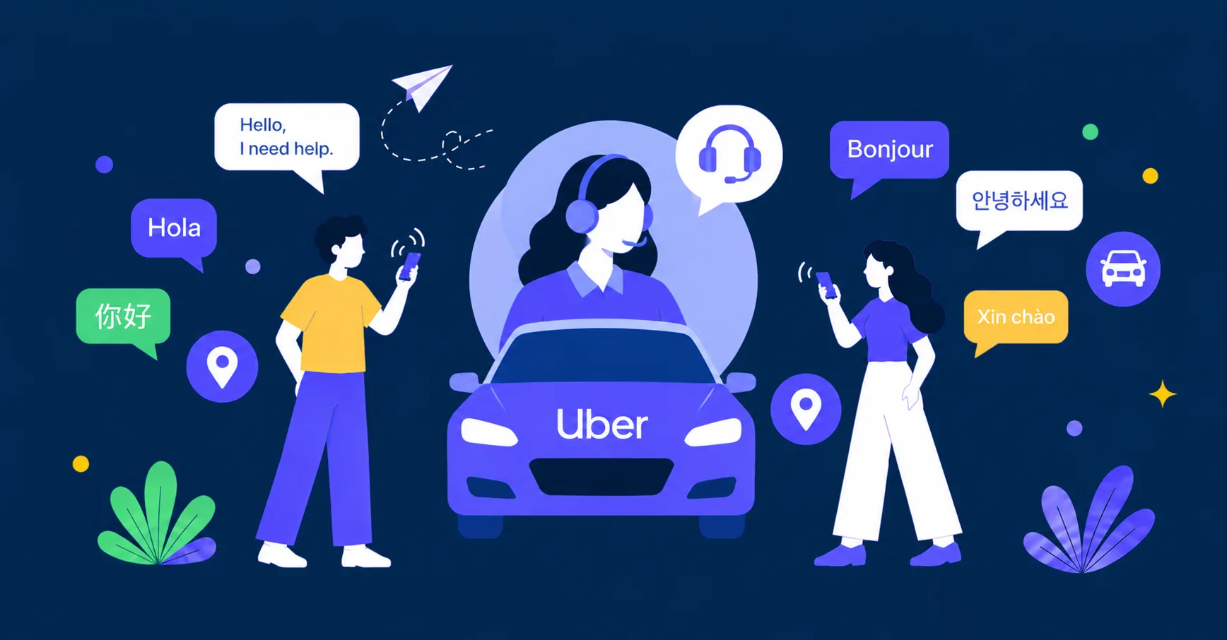 異なる言語でUberサポートに電話する2人の乗客