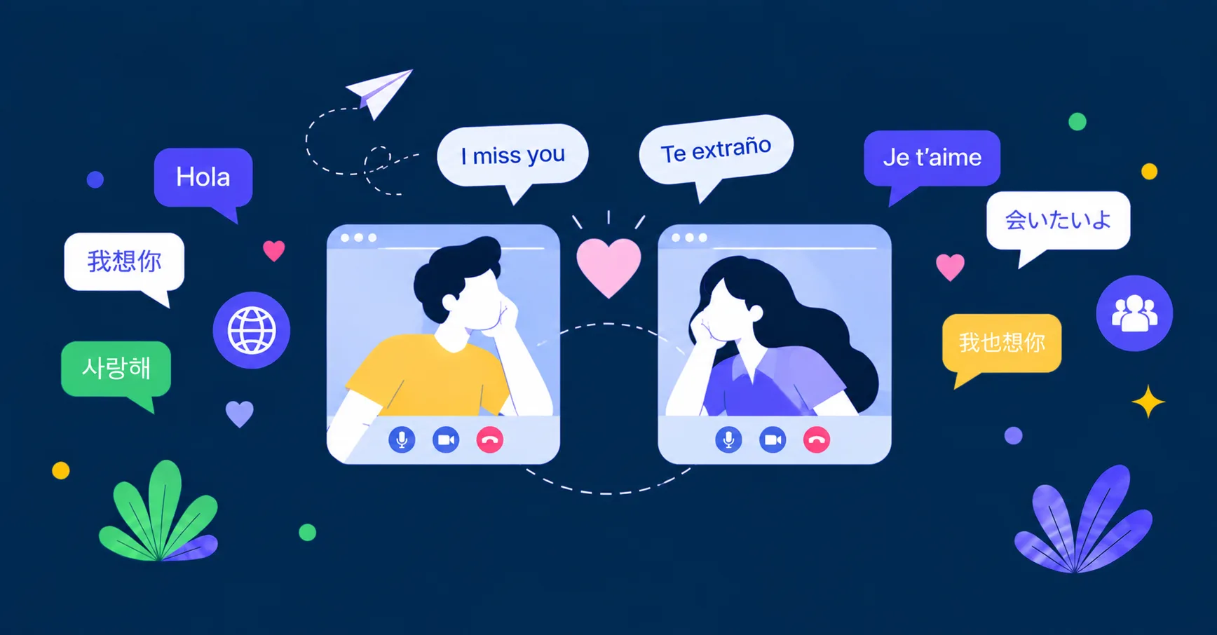 異なる言語で「会いたい」と伝え合うビデオ通話中のカップル
