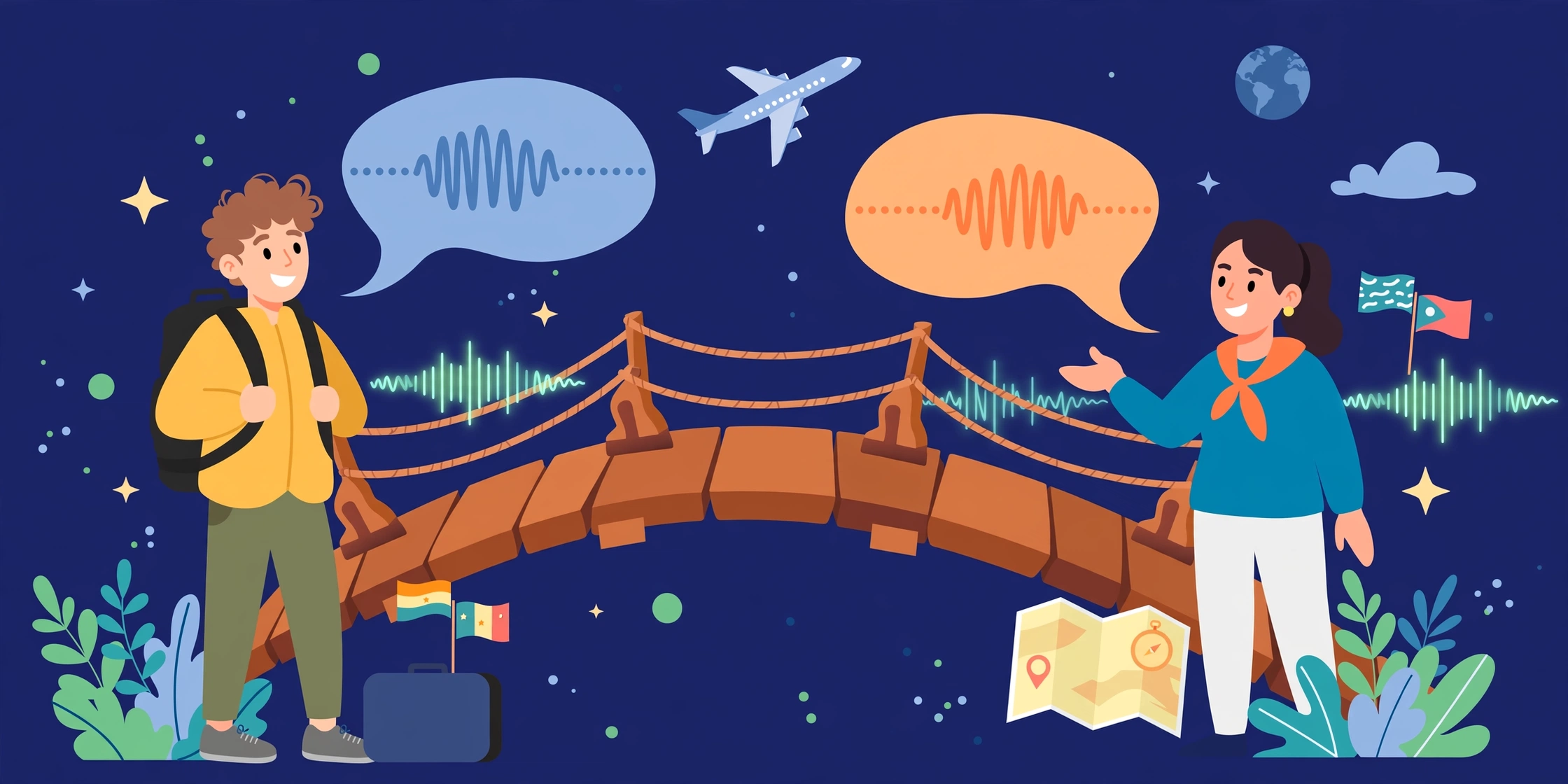 Two travelers on opposite sides of a bridge, exchanging speech bubbles with sound waves