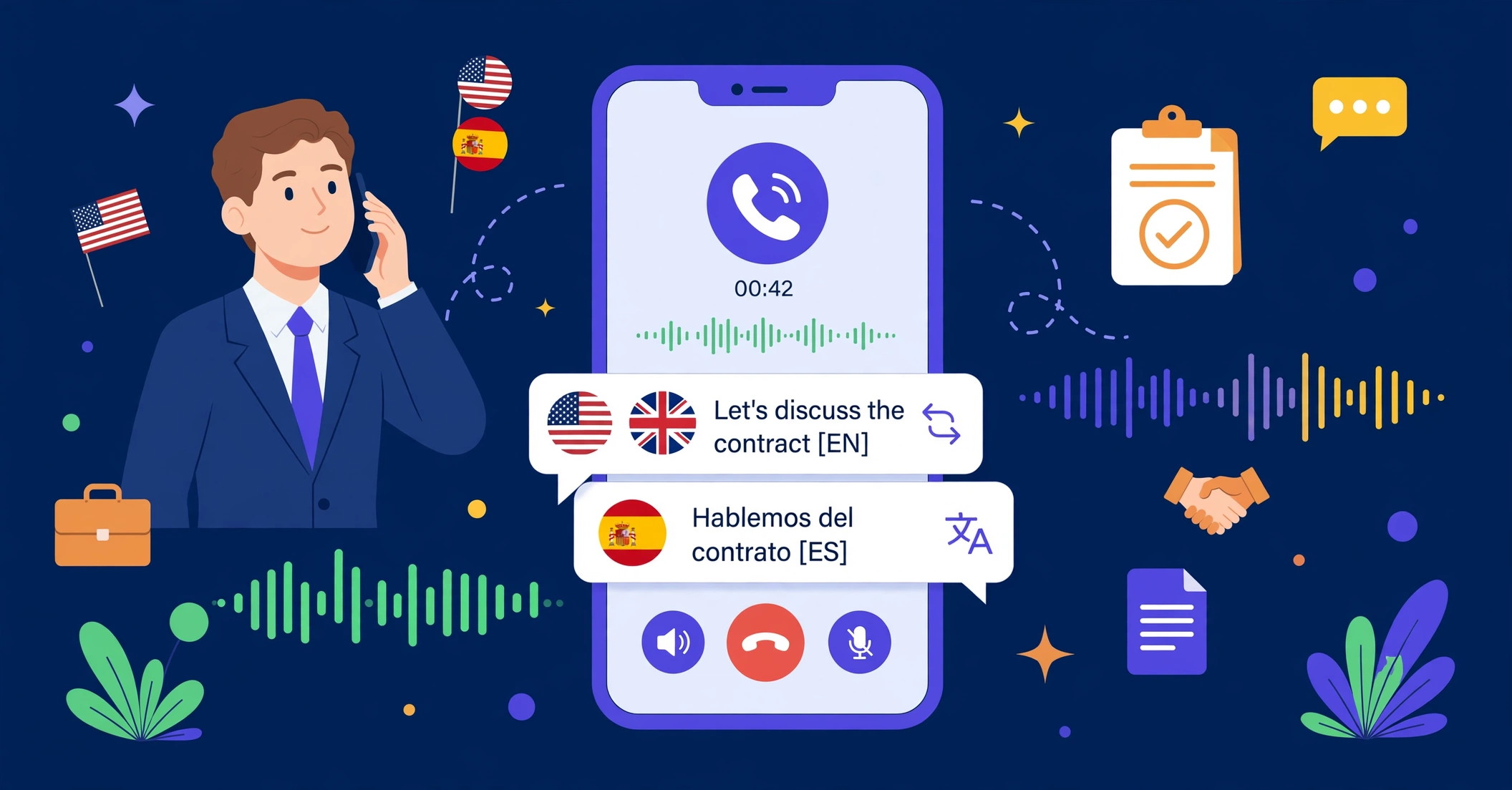 A businessman in a suit on a phone call, next to a smartphone showing translated captions about a contract in English and Spanish, with American, British, and Spanish flags, sound waves, a handshake, and a clipboard on a deep navy background