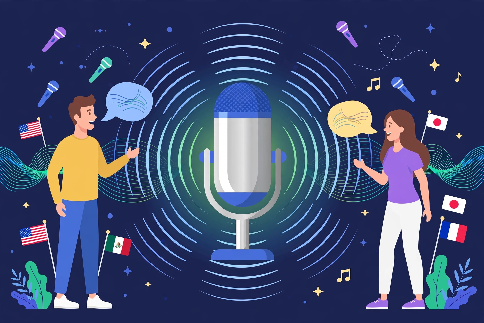 A large microphone radiating sound waves between two people speaking to each other, surrounded by flags