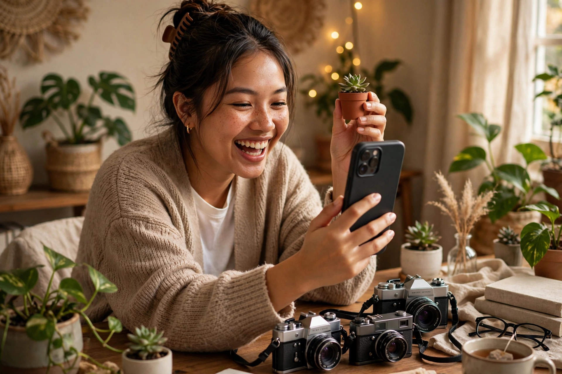 Uma mulher compartilha seu hobby de plantas em uma videochamada