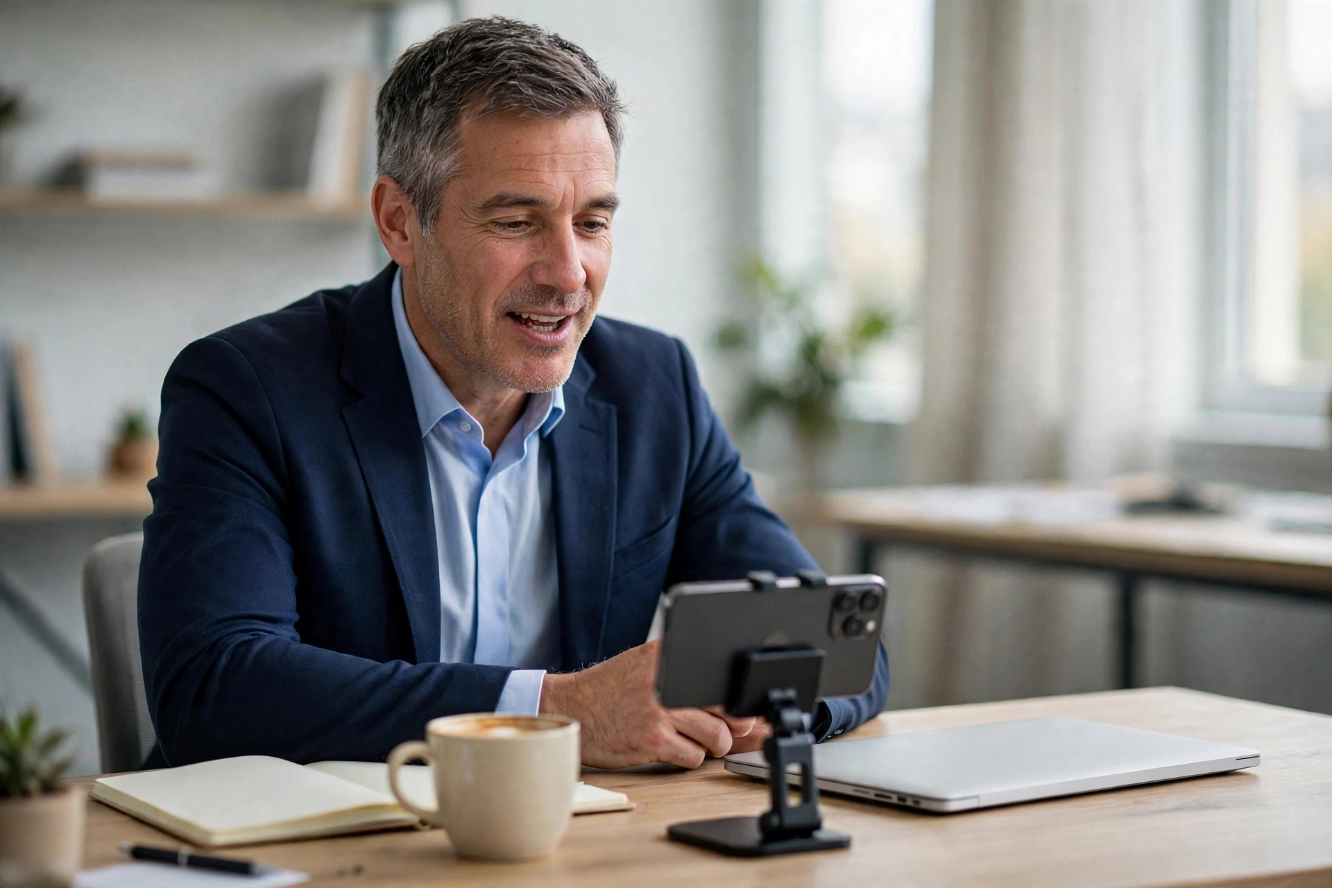 Man in a blazer on a Telegram video call at his office desk