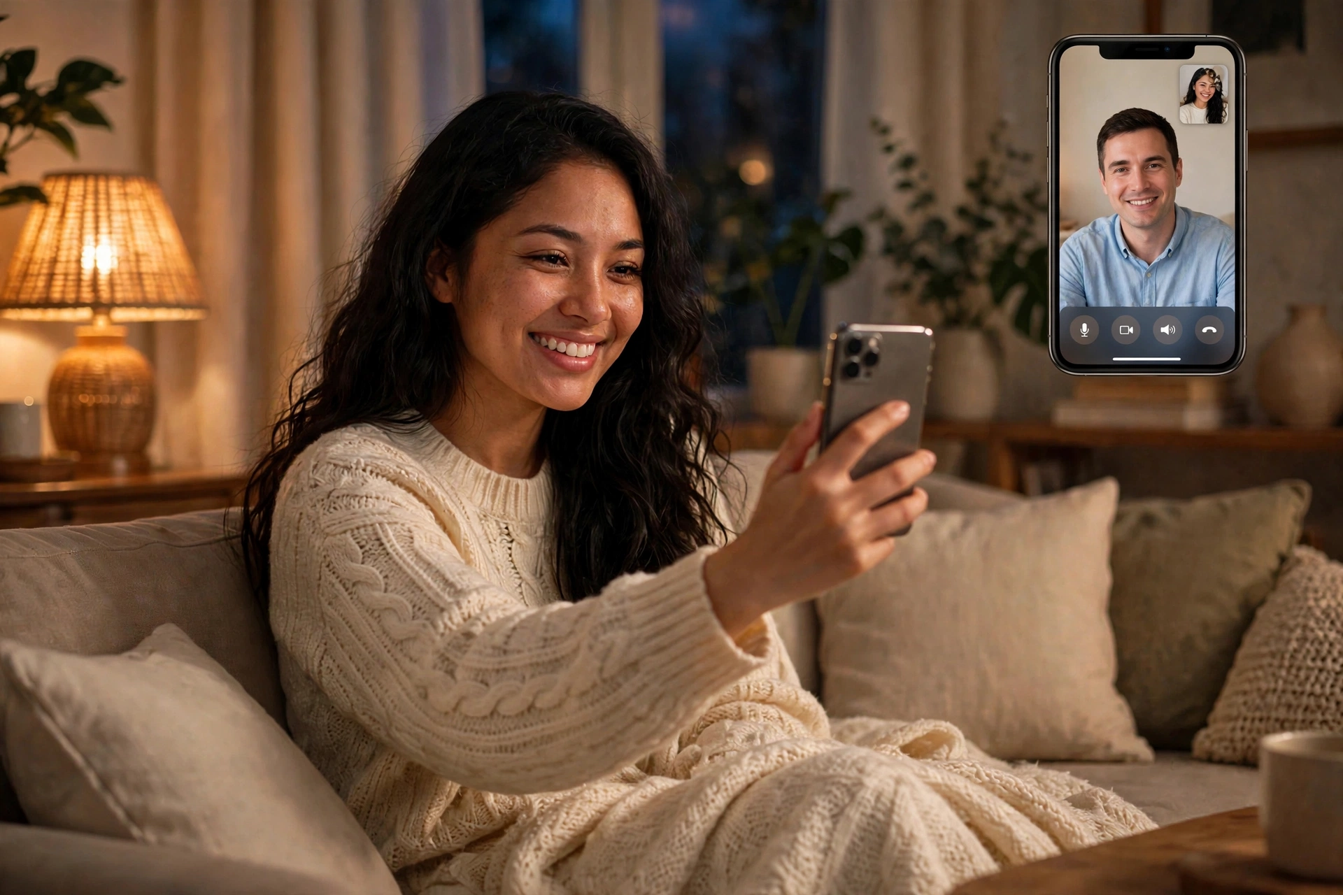 Latina woman video calling her partner on Telegram at home