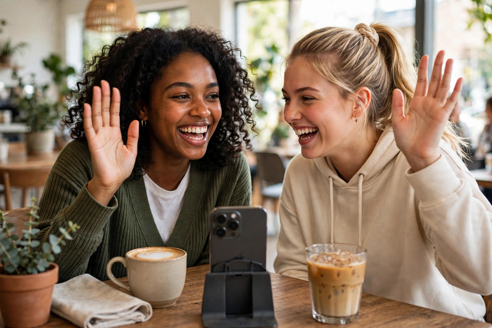 Two friends of different skin tones waving on a Telegram video call