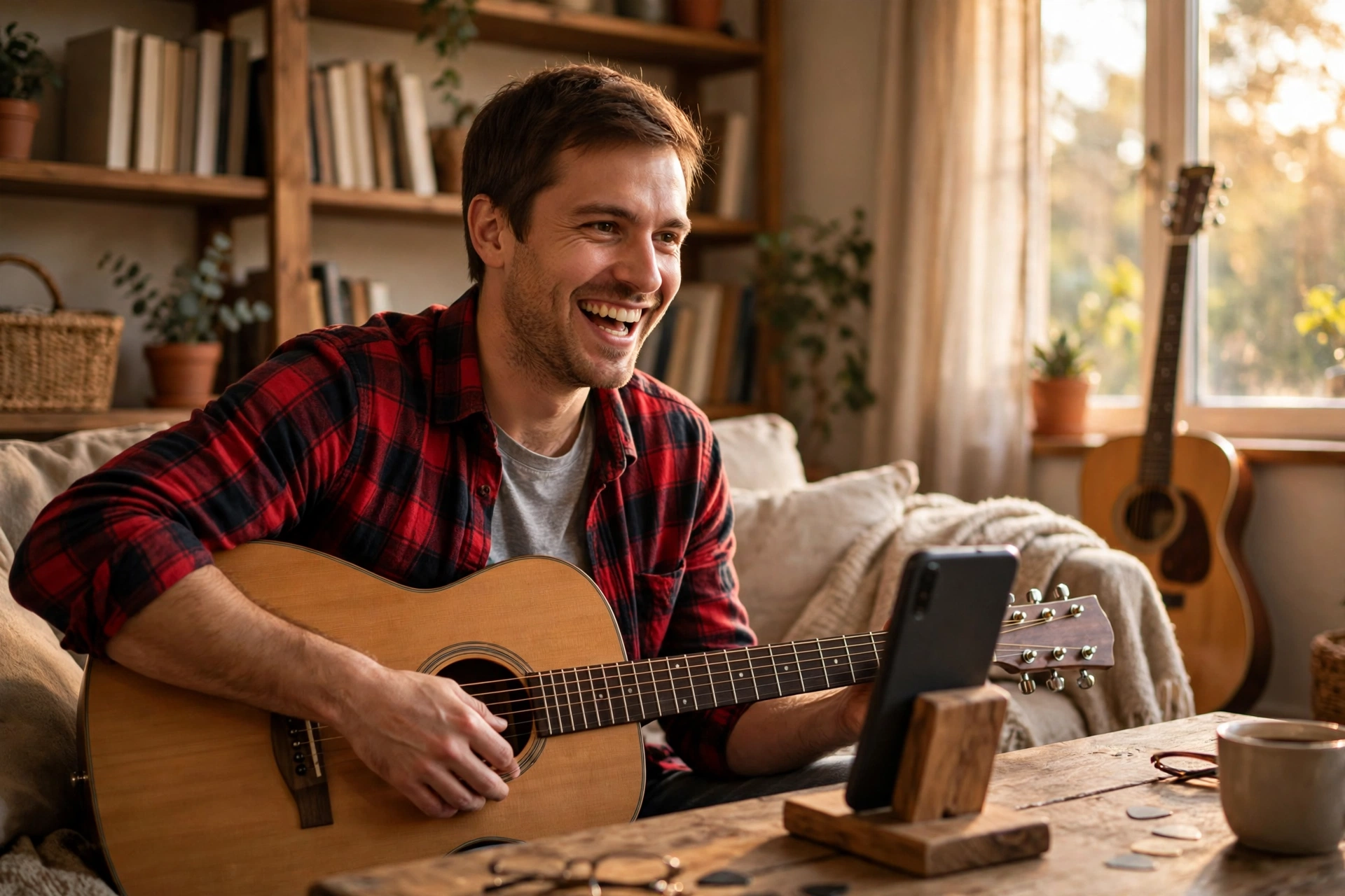Man with an acoustic guitar on a Telegram video call at home