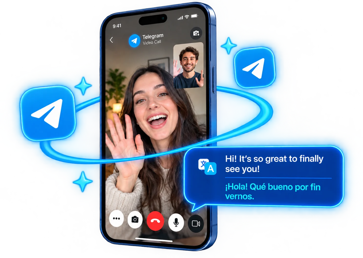 Woman and man on a Telegram video call with bilingual subtitles