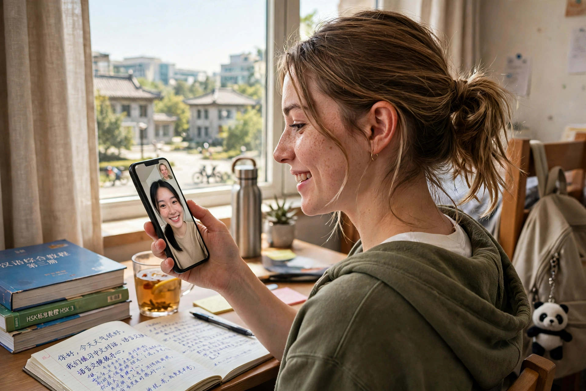 A student in China on a video call with a local across languages