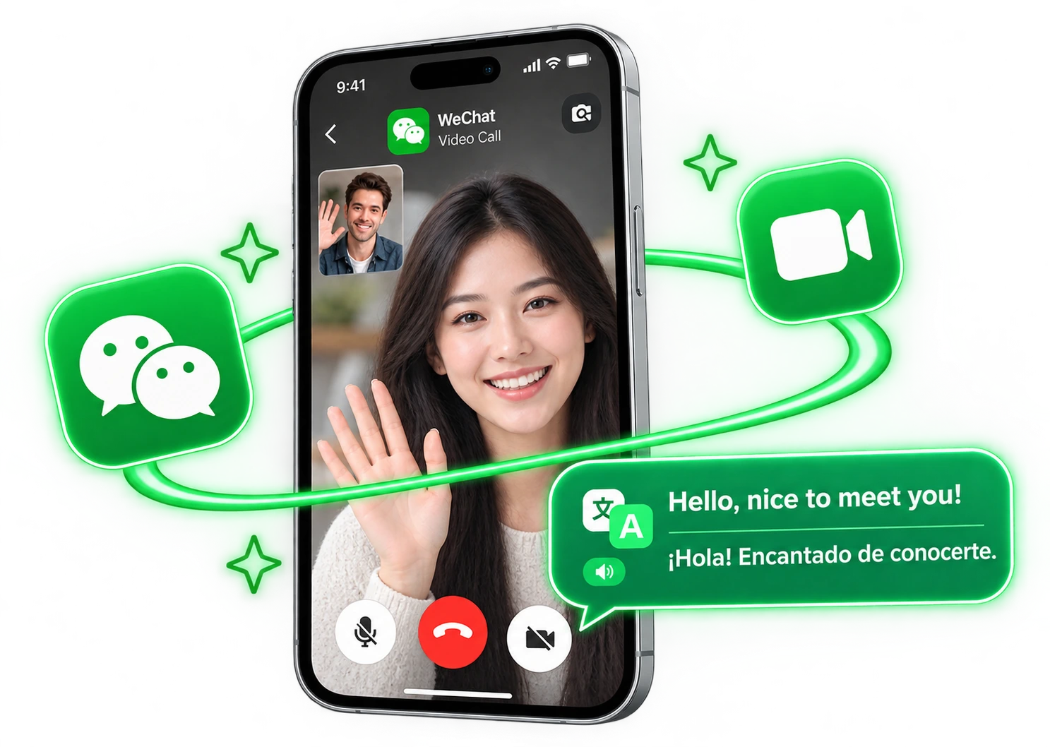 A WeChat video call with bilingual subtitles on screen